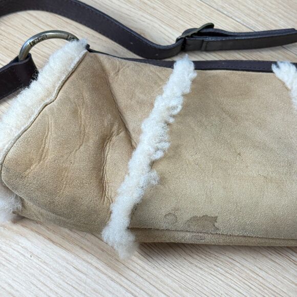 Y2k UGG Suede Shearling Small Purse Shoulder Bag Sheepskin Tan Rockabilly Preppy - Picture 9 of 16